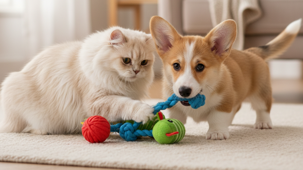 A fluffy cream-colored cat and a small tan-and-white puppy play with a blue rope toy and colorful balls on a light rug in a softly lit living room.