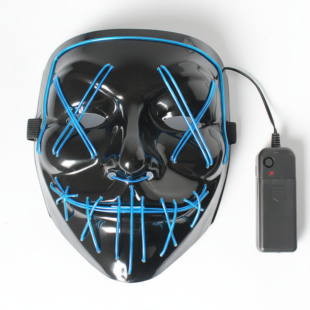 Black mask with blue and red lights and remote control on a white background.