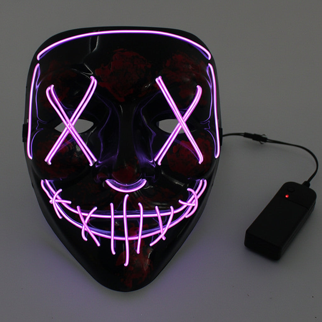 Black mask with purple LED lights and power adapter on a dark background.