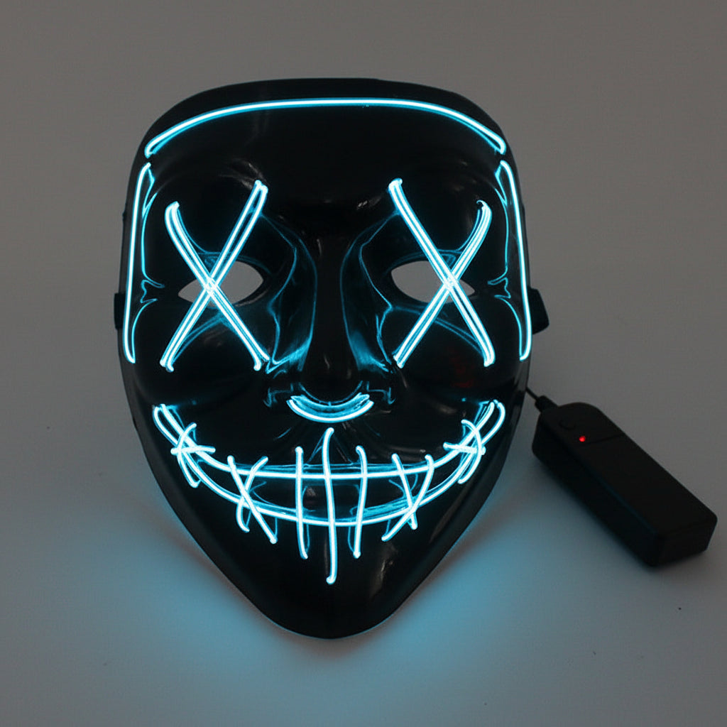 Black mask with blue LED lights and power adapter on a gray background.