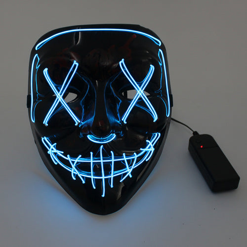 Black LED mask with blue lights and a remote control on a gray background, featuring the Shanyao brand.