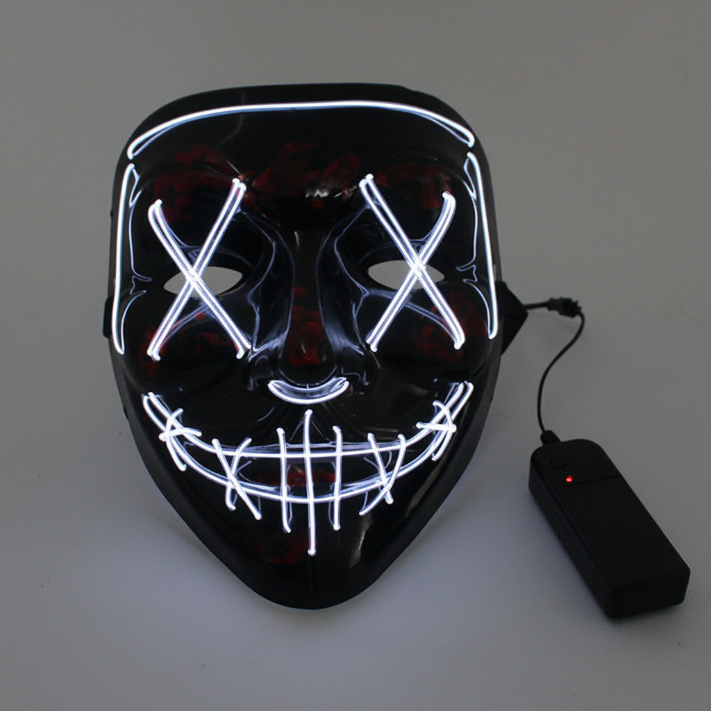 Black LED mask with white lights and a power adapter on a gray background.