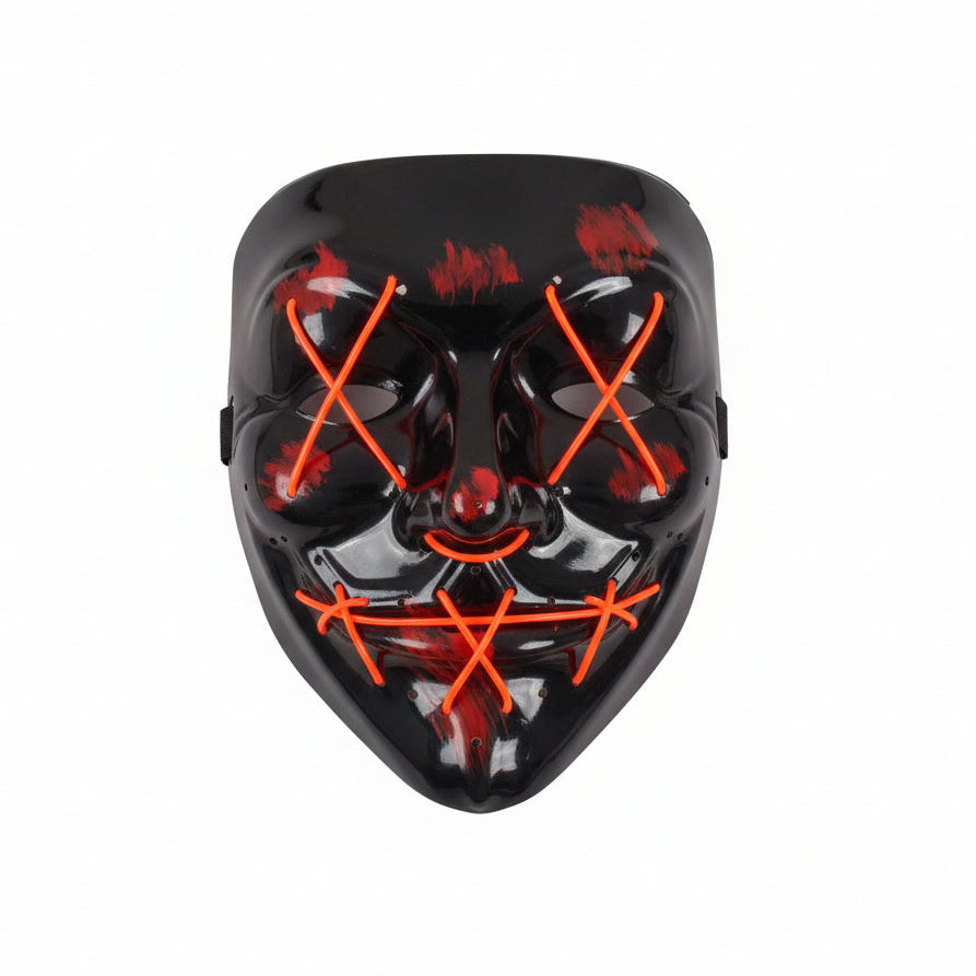 Black mask with red accents on a white surface.