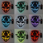 Grid of LED masks in various colors with power cables.