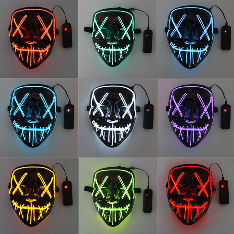 Grid of LED masks in various colors with power cables.