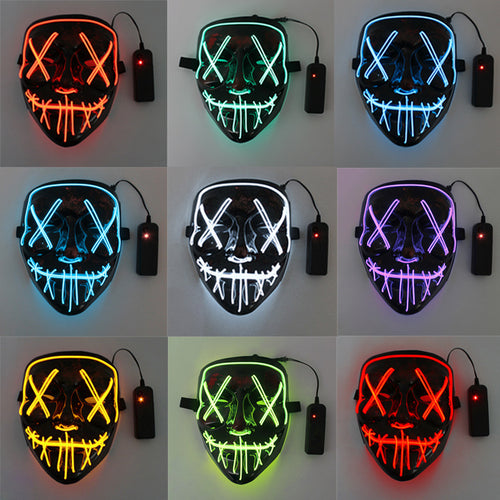 Grid of LED masks in various colors with power cables.