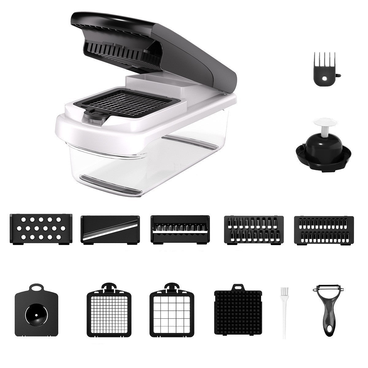 Kitchen appliance with various attachments on a white background