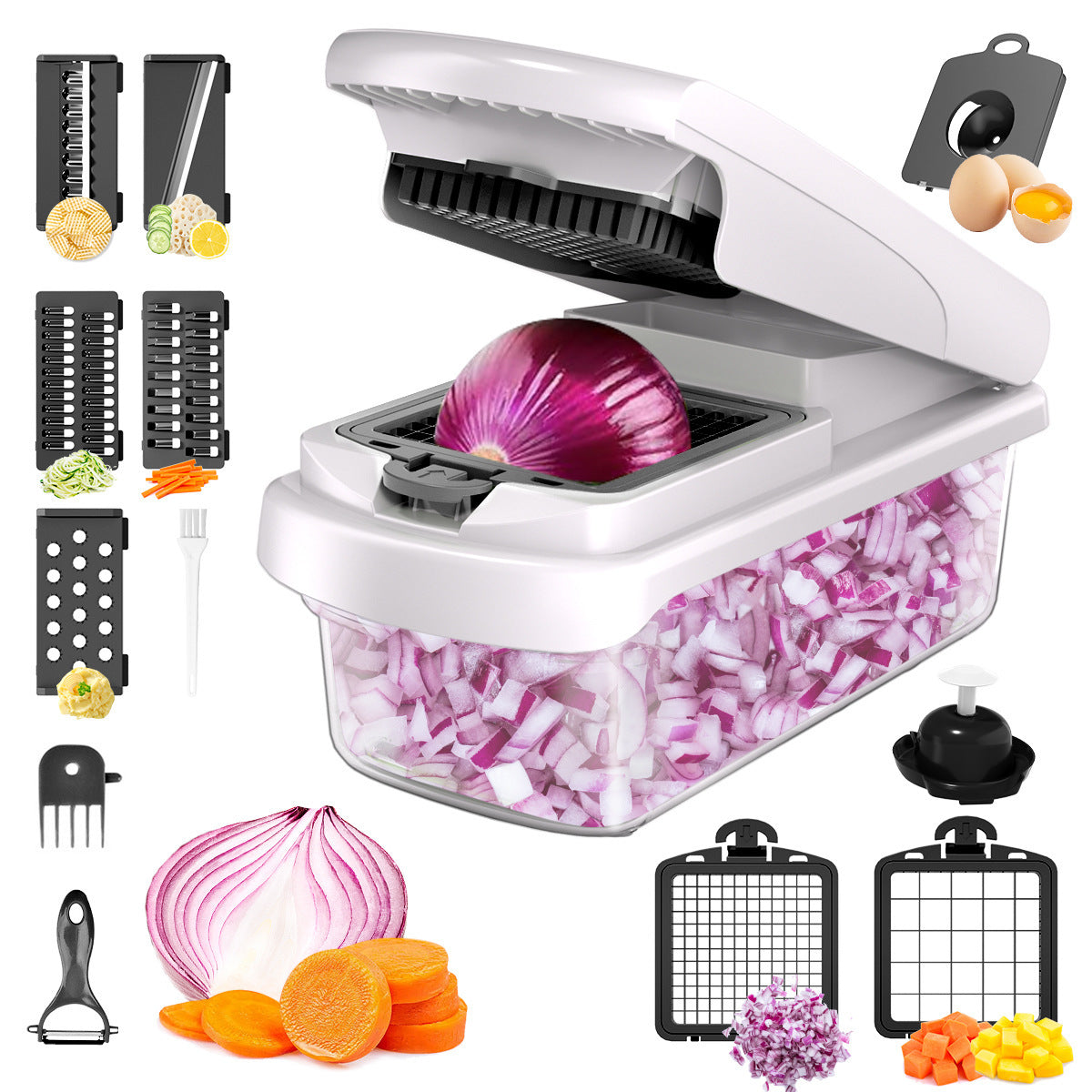 Multifunctional kitchen chopper with various attachments and chopped vegetables on a white background