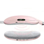 A pink and gray electronic massage belt shown from two angles on a white background.