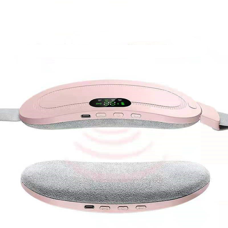 A pink and gray electronic massage belt shown from two angles on a white background.
