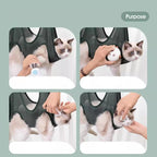 Pet grooming tool with a cat wearing it, showing various uses on a green background.