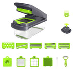 Multifunctional kitchen tool with various attachments on a white background