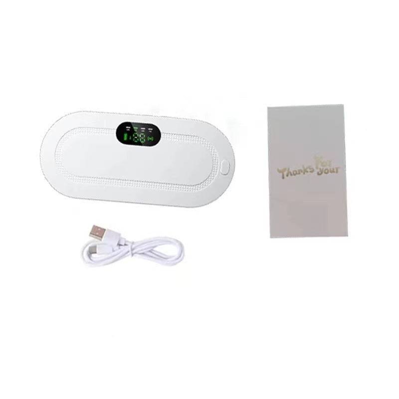 White electronic device with digital display, USB cable, and small card on a white background