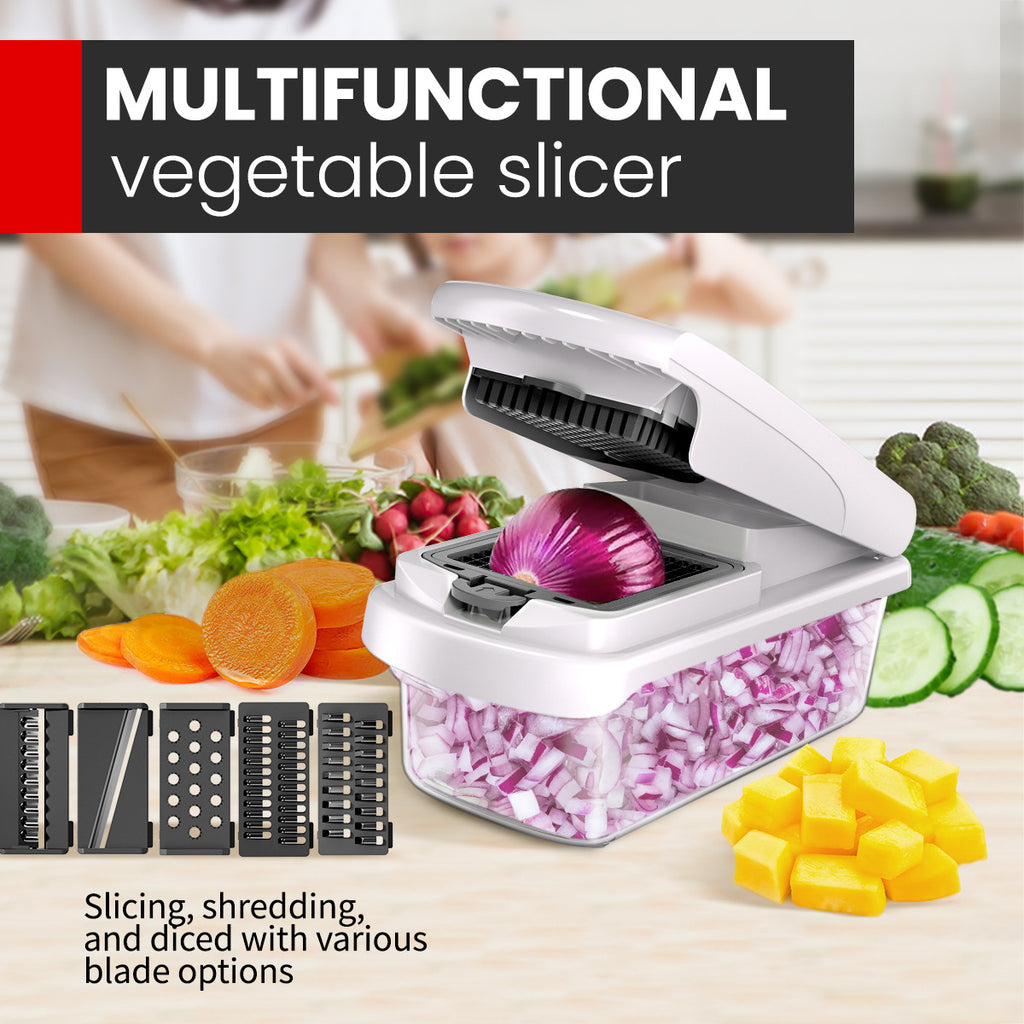 A white and clear plastic multifunctional vegetable slicer with a clear container filled with chopped red onion, shown with various blade options and vegetables in a kitchen setting. Text reads 'MULTIFUNCTIONAL vegetable slicer' and 'Slicing, shredding, and diced with various blade options'.