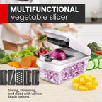 A white and clear plastic multifunctional vegetable slicer with a clear container filled with chopped red onion, shown with various blade options and vegetables in a kitchen setting. Text reads 'MULTIFUNCTIONAL vegetable slicer' and 'Slicing, shredding, and diced with various blade options'.