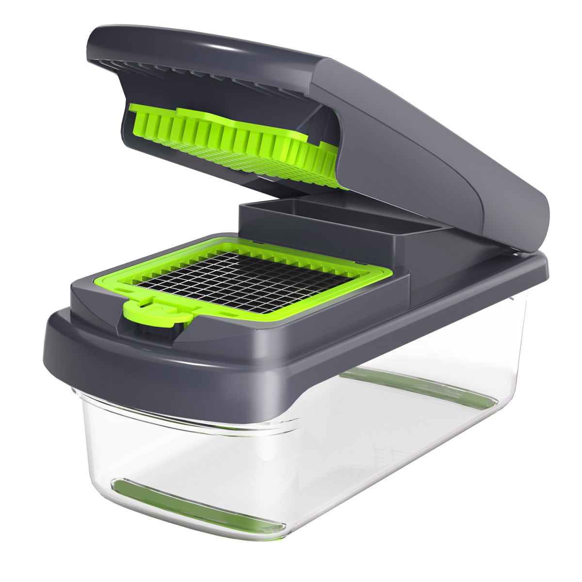 Multifunctional kitchen vegetable cutter with green and gray components on a white background