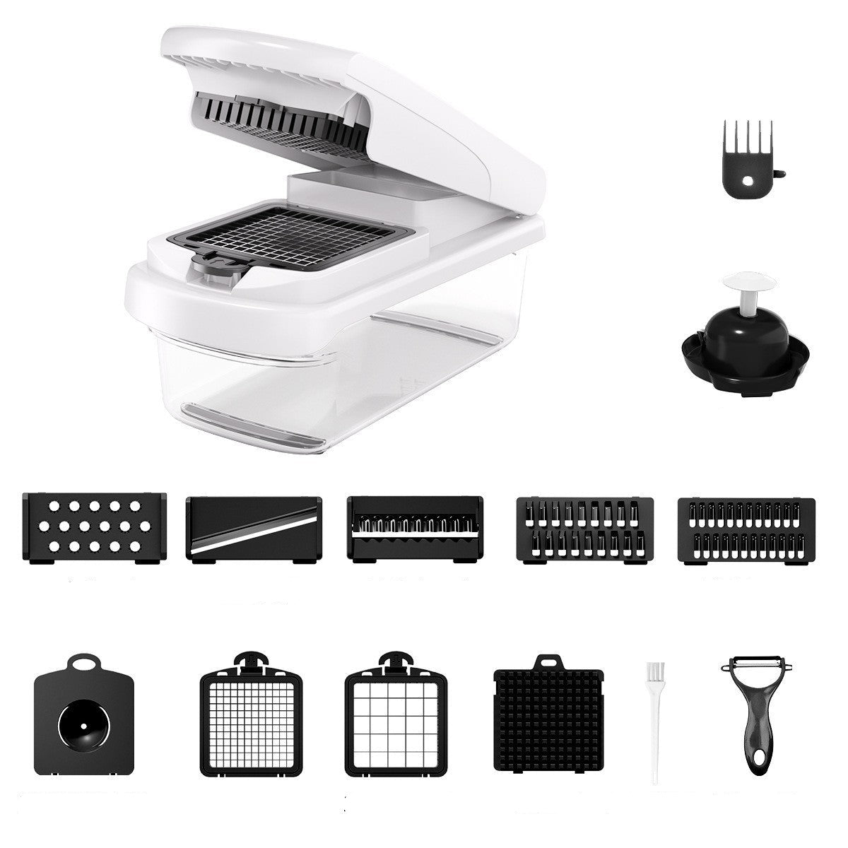White electric food chopper and slicer set with a main body, clear container, hand protector, cleaning scraper, and multiple slicing/grating attachments shown on a white background with numbered callouts.
