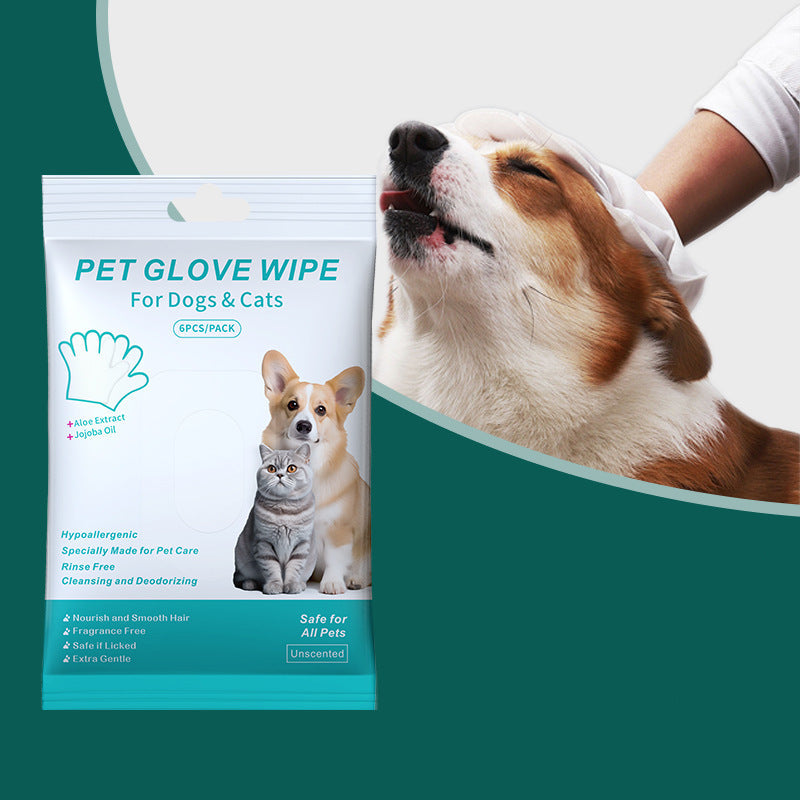 A package of pet glove wipes for dogs and cats is shown next to a dog being wiped with a glove, with a human arm visible. The package is white and teal, and the background is a mix of white and dark teal.