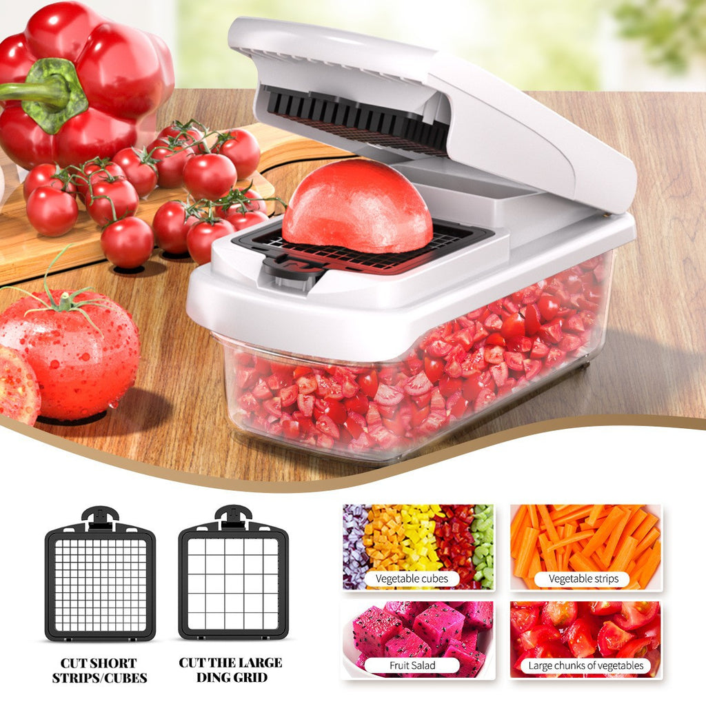 Vegetable chopper with red vegetables on a wooden board, surrounded by images of different cut vegetables.