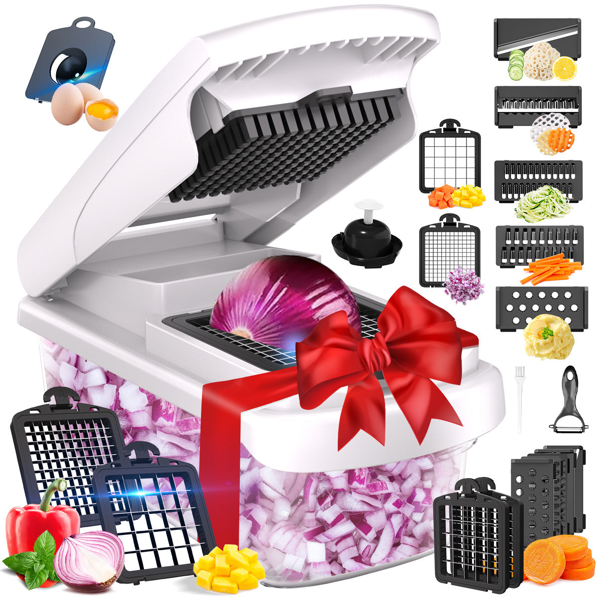 Multifunctional kitchen chopper with various attachments and vegetables on a white background