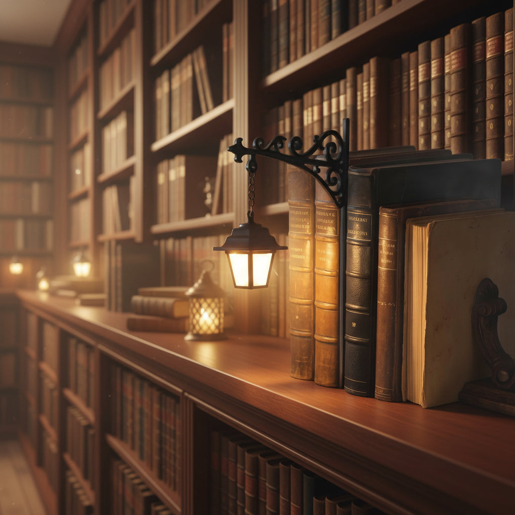 Decorative wall light fixture with book design on a library background